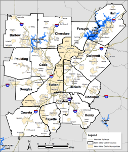 The Metro Water District includes 15 counties and over 92 cities within the metro Atlanta region.